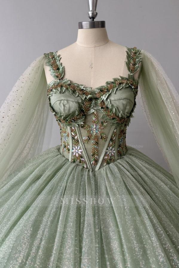 Sage Green Sweetheart Sleeveless Beaded Applique Sequined Ball Gown Quinceanera Dress