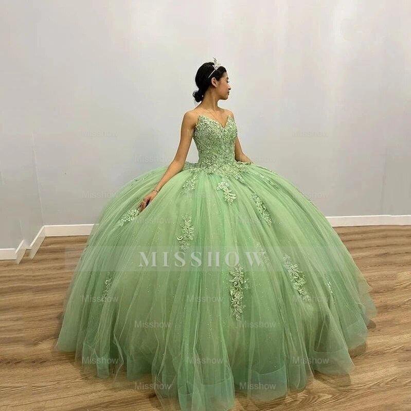 Sage Green Sweetheart Sleeveless Lace Applique Beaded Ball Gown Quinceanera Dress