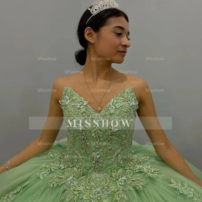 Sage Green Sweetheart Sleeveless Lace Applique Beaded Ball Gown Quinceanera Dress