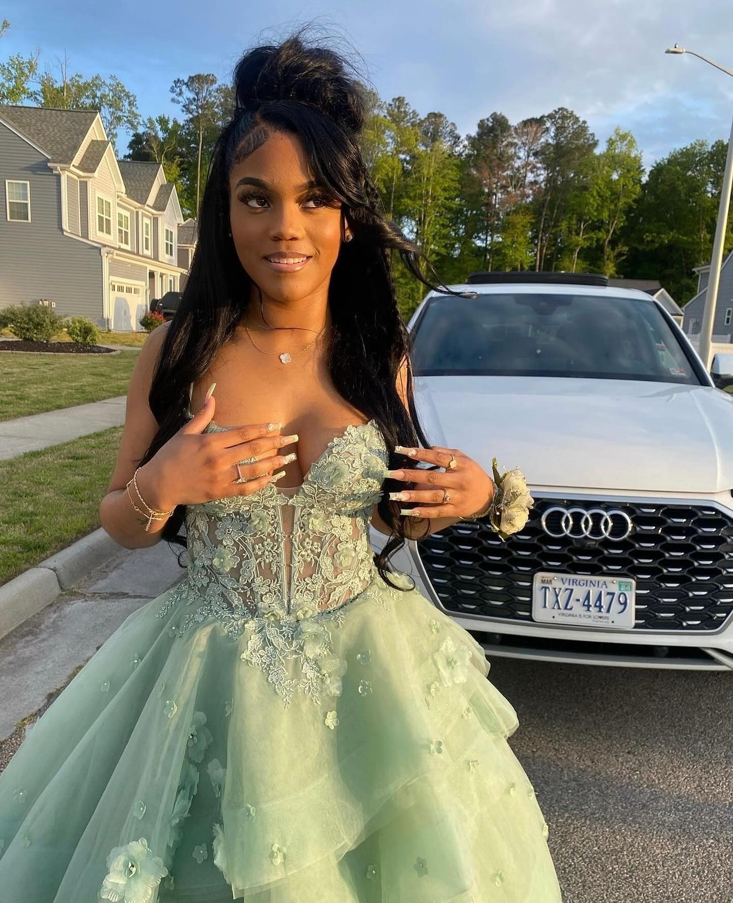 Sage Green Tulle Ball Gown Prom Dress Spaghetti Straps Sweetheart Lace Corset Bodice 3D Floral Tiered Layered Skirt