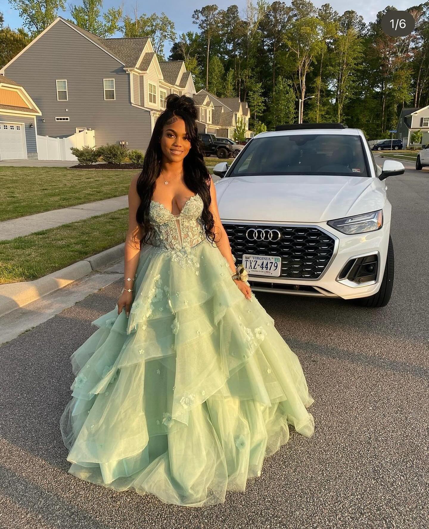 Sage Green Tulle Ball Gown Prom Dress Spaghetti Straps Sweetheart Lace Corset Bodice 3D Floral Tiered Layered Skirt