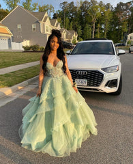 Sage Green Tulle Ball Gown Prom Dress Spaghetti Straps Sweetheart Lace Corset Bodice 3D Floral Tiered Layered Skirt