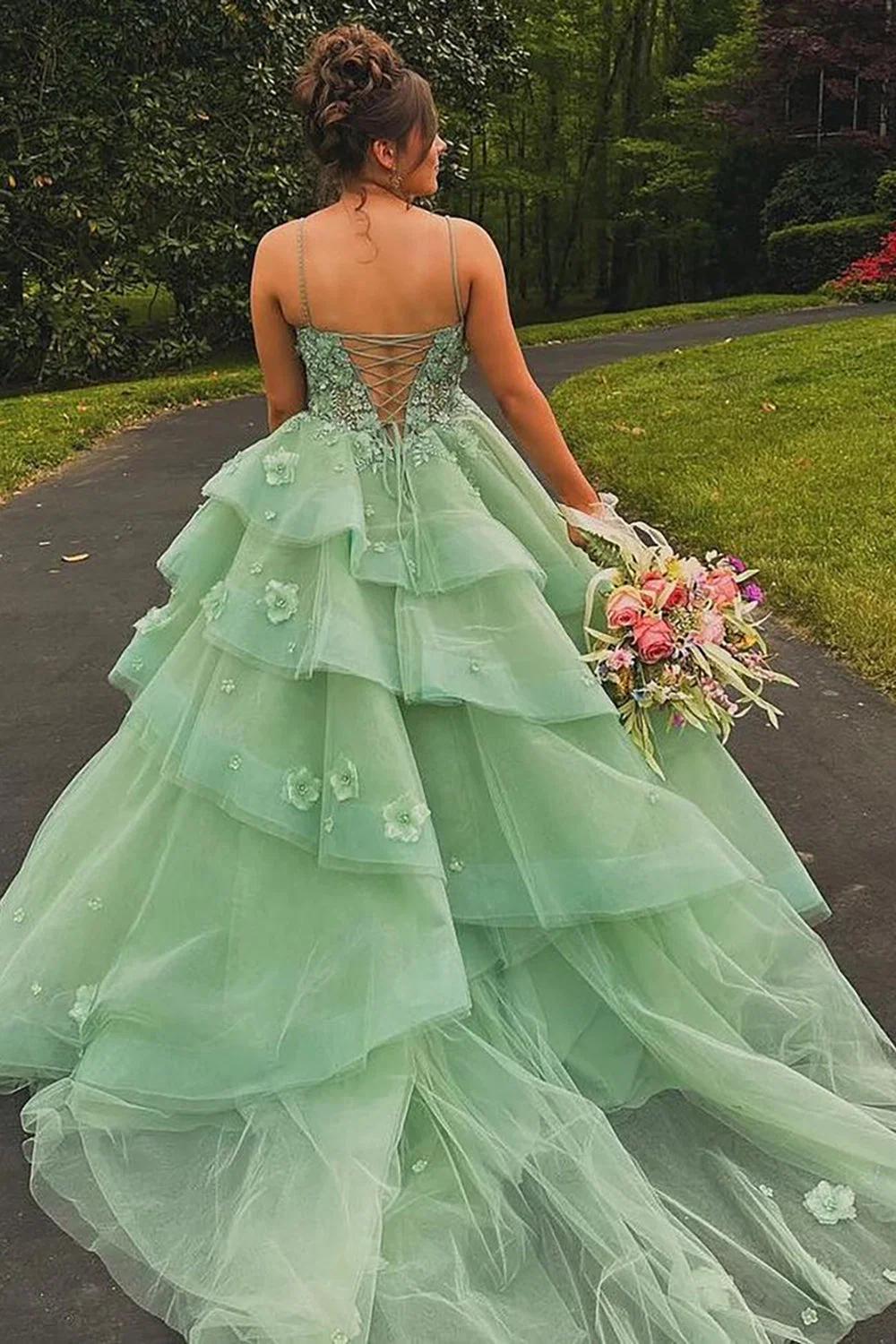 Sage Green Tulle Ball Gown Prom Dress Spaghetti Straps Sweetheart Lace Corset Bodice 3D Floral Tiered Layered Skirt