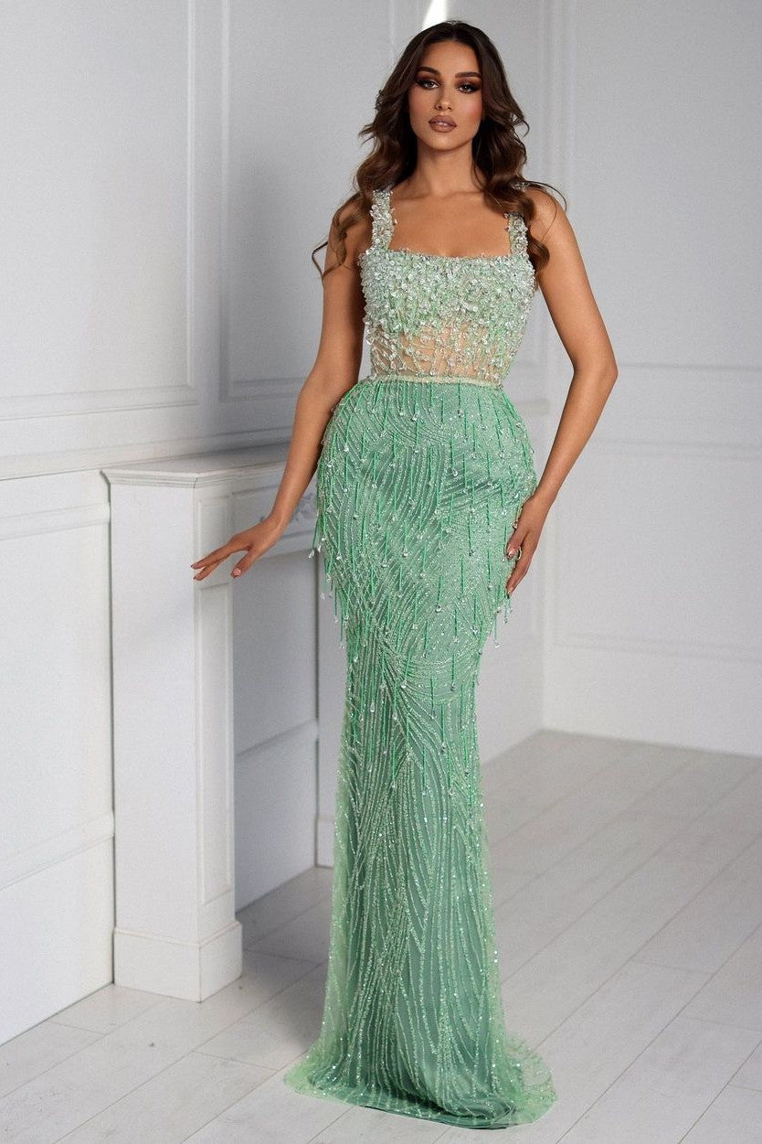 Sage Mint Square Sleeveless Sequined Beaded Sheer Bodice Mermaid Floor Formal Evening Gown