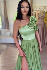 Sage One-Shoulder High Split Prom Evening Dresses With Court Train