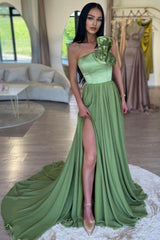 Sage One-Shoulder High Split Prom Evening Dresses With Court Train