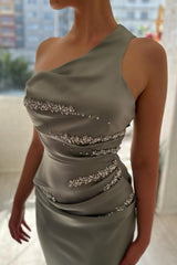Sage One shoulder Sleeveless mermaid Prom Evening Dresses