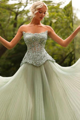 Sage Strapless Sweetheart Beaded Corset A-Line Pleated Tulle Floor Length Evening Gown
