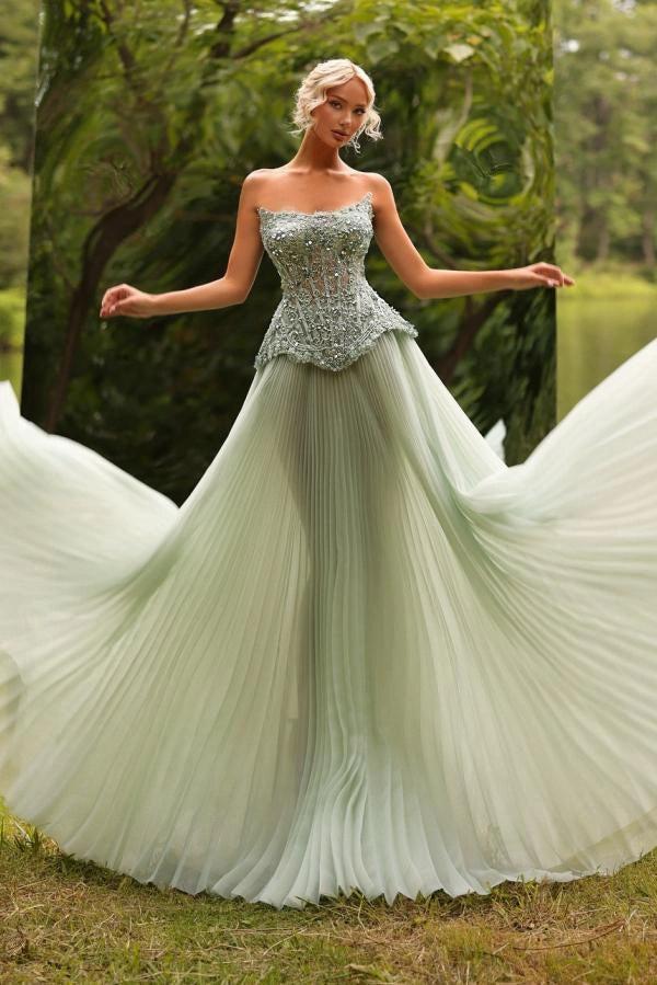 Sage Strapless Sweetheart Beaded Corset A-Line Pleated Tulle Floor Length Evening Gown