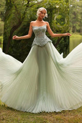 Sage Strapless Sweetheart Beaded Corset A-Line Pleated Tulle Floor Length Evening Gown