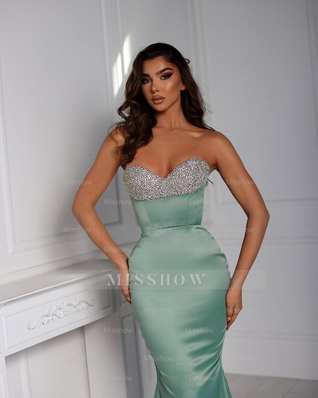 Sage Sweetheart Sleeveless Rhinestone Beaded Mermaid Satin Floor Length Evening Gown
