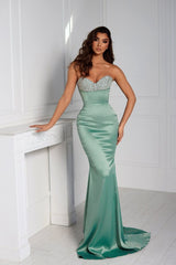 Sage Sweetheart Sleeveless Rhinestone Beaded Mermaid Satin Floor Length Evening Gown