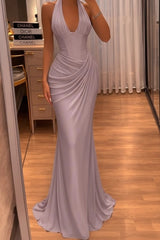 Yellow Rhinestone Halter Sleeveless Mermaid Satin Ruched Floor Length Formal Evening Gown