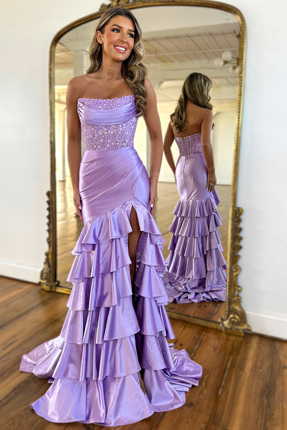 Satin Mermaid Prom Dress with Sequins in Blush - Strapless and Tiered