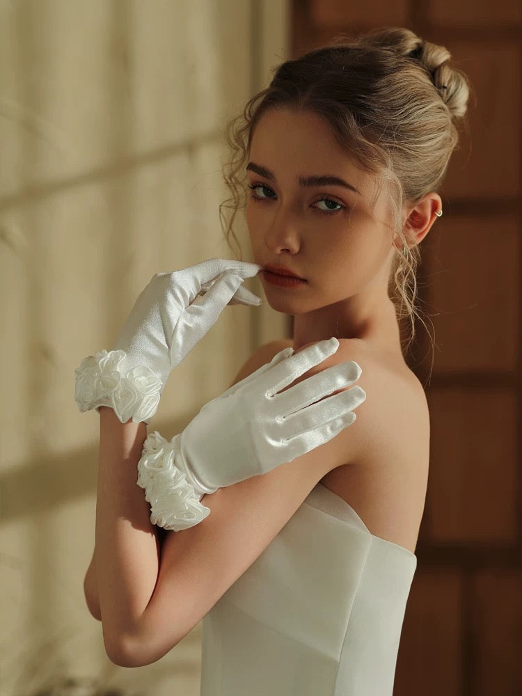 Satin Wedding Gloves with Ruffles
