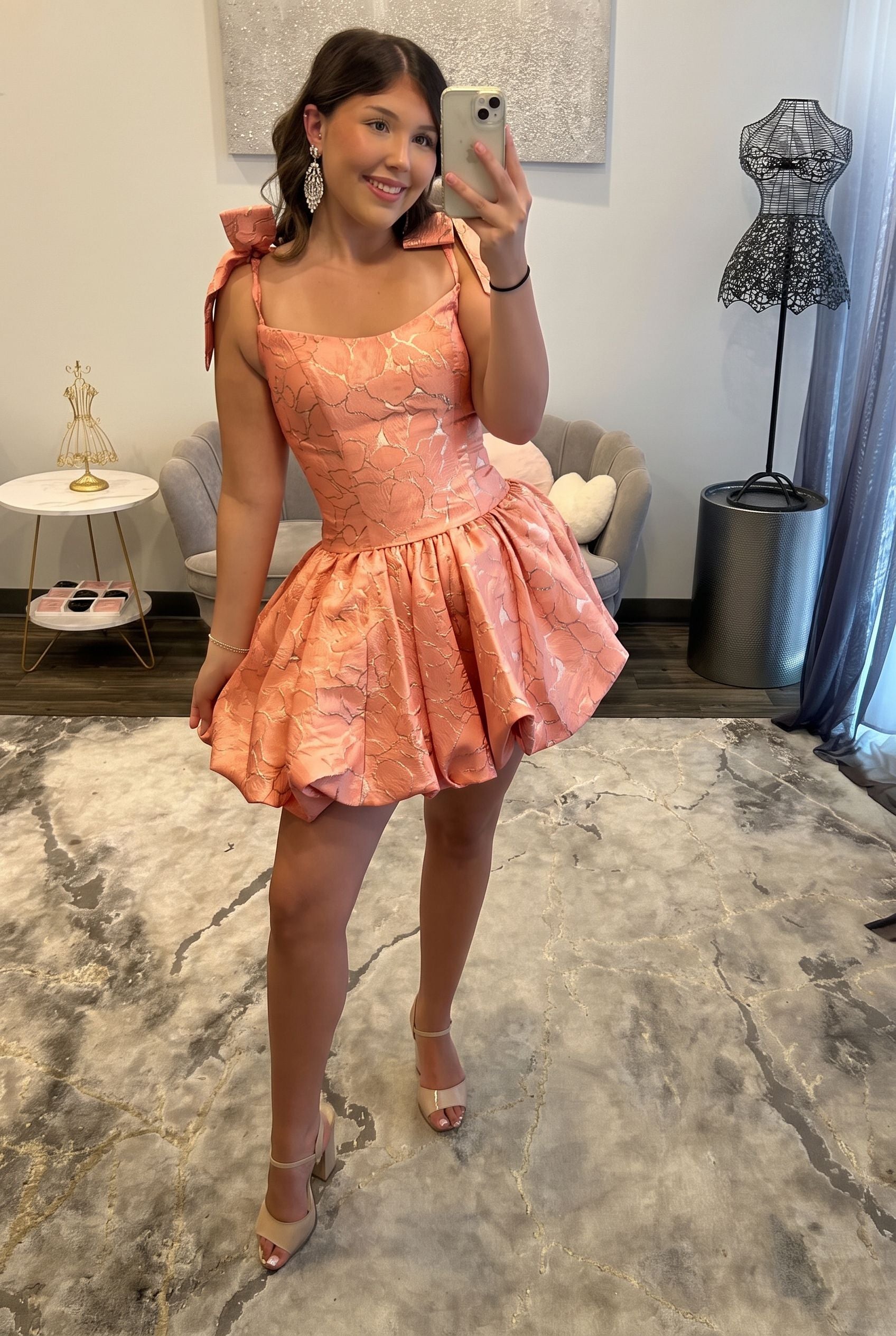 Scoop Neck Bow Strap Jacquard Corset Bubble Homecoming Dress Open Back Mini