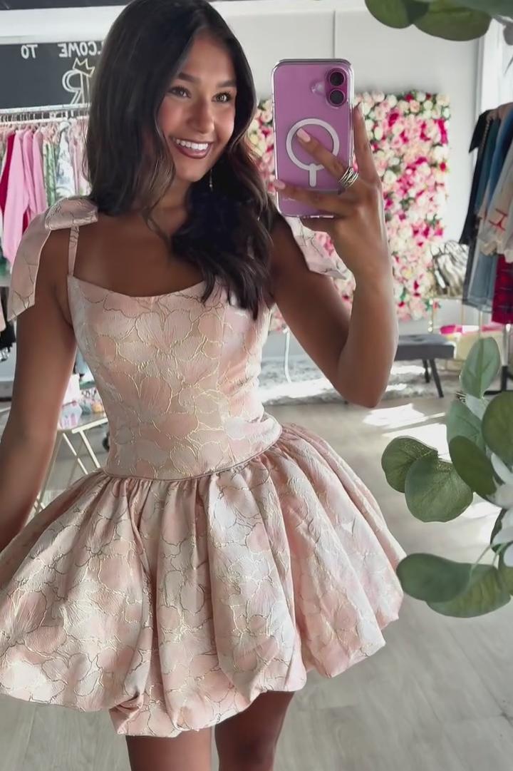 Scoop Neck Bow Strap Jacquard Corset Bubble Homecoming Dress Open Back Mini