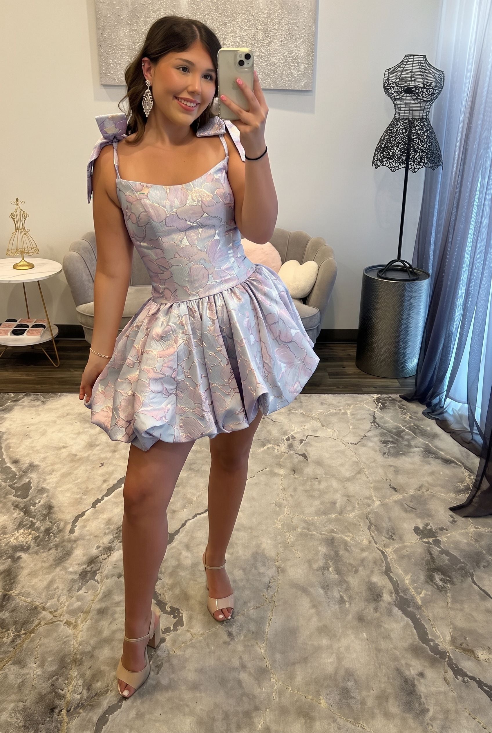 Scoop Neck Bow Strap Jacquard Corset Bubble Homecoming Dress Open Back Mini