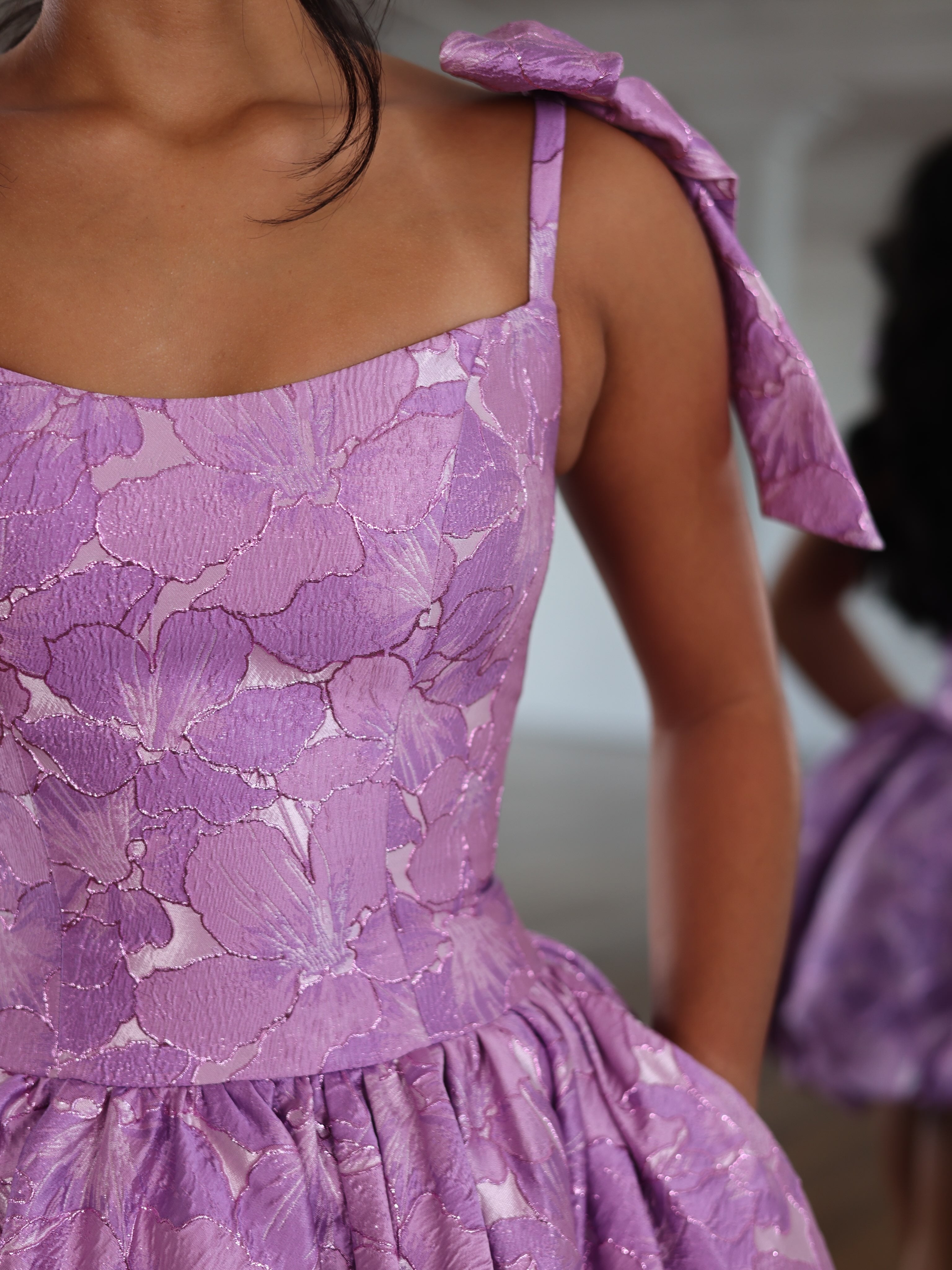 Scoop Neck Bow Strap Jacquard Corset Bubble Homecoming Dress Open Back Mini