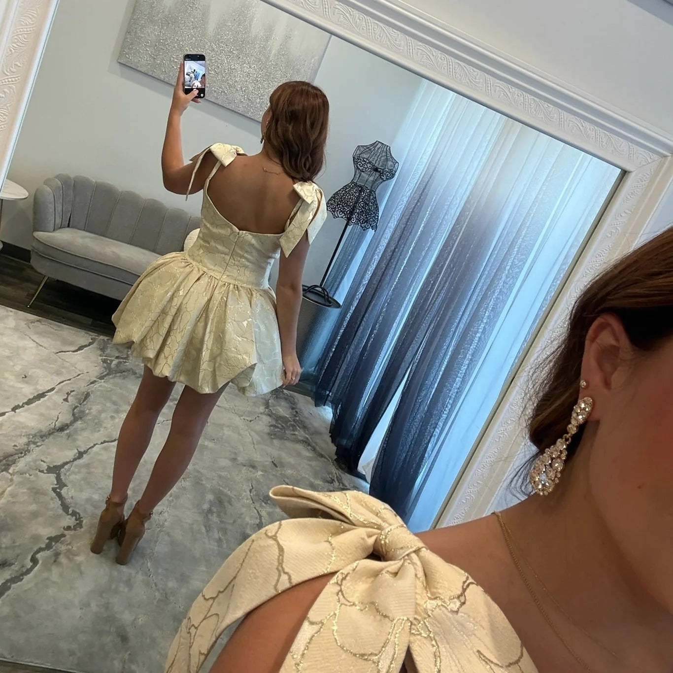 Scoop Neck Bow Strap Jacquard Corset Bubble Homecoming Dress Open Back Mini