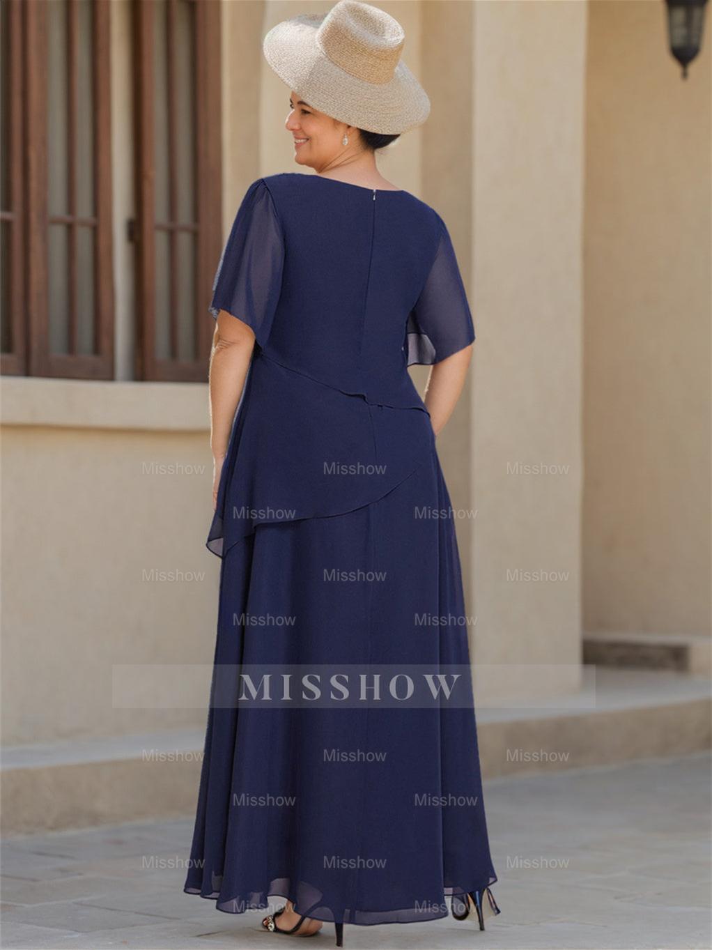 Scoop Neck Chiffon Mother of the Bride Dress with 1/2 Sleeves in A-Line/Princess Style
