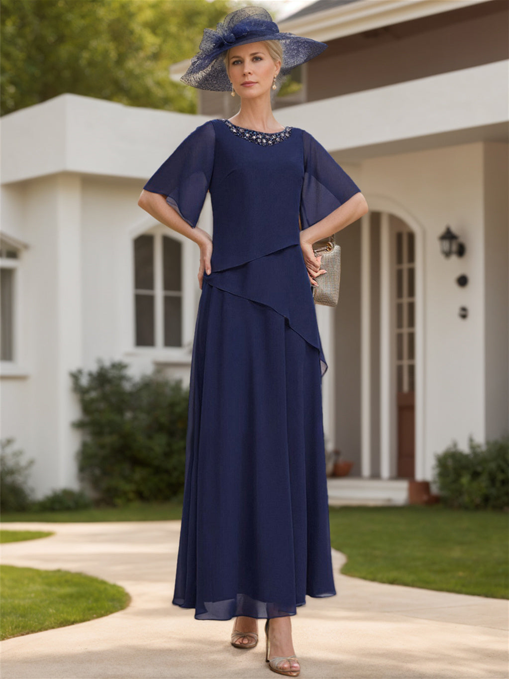 Scoop Neck Chiffon Mother of the Bride Dress with 1/2 Sleeves in A-Line/Princess Style