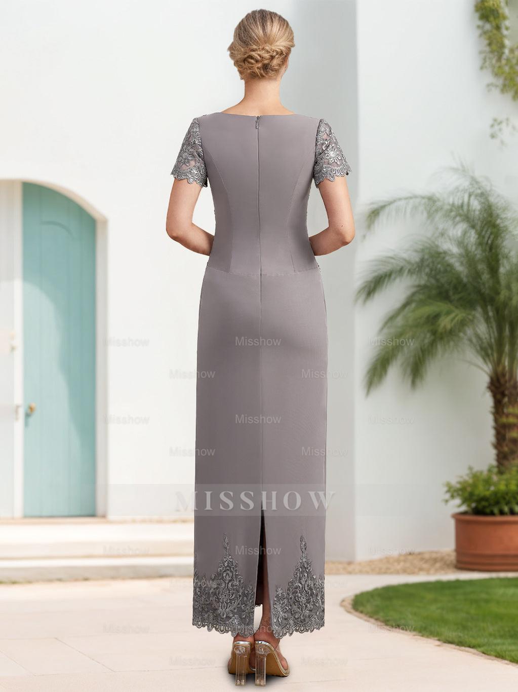 Scoop Neck Short Sleeve Ankle-Length Sheath/Column Mother of the Bride Dress with Appliques