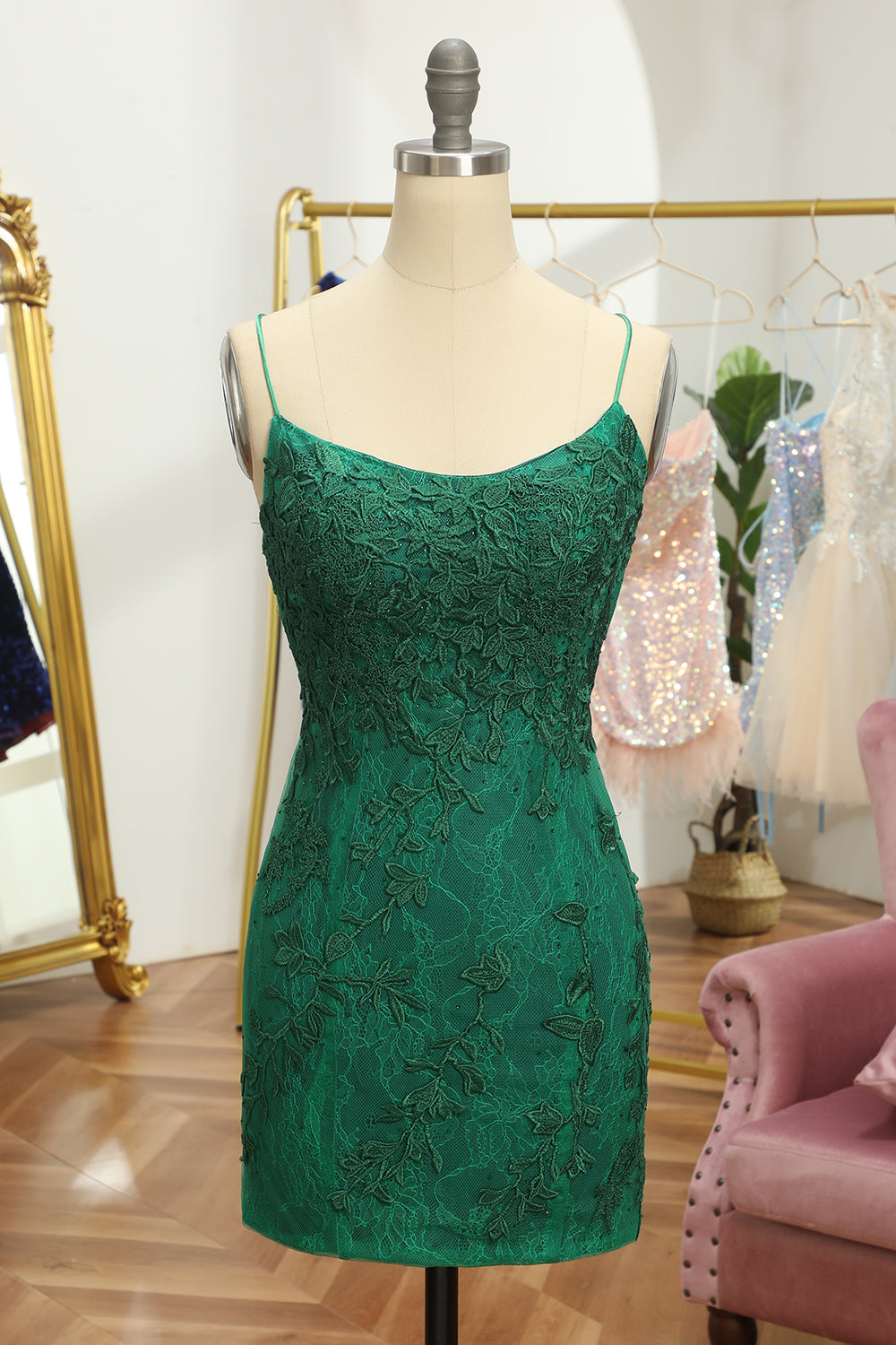 Emerald scoop applique bodycon homecoming dress