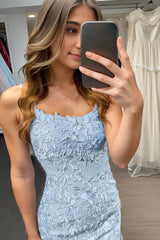 Light blue scoop applique bodycon homecoming dress