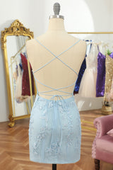 Light blue scoop applique bodycon homecoming dress