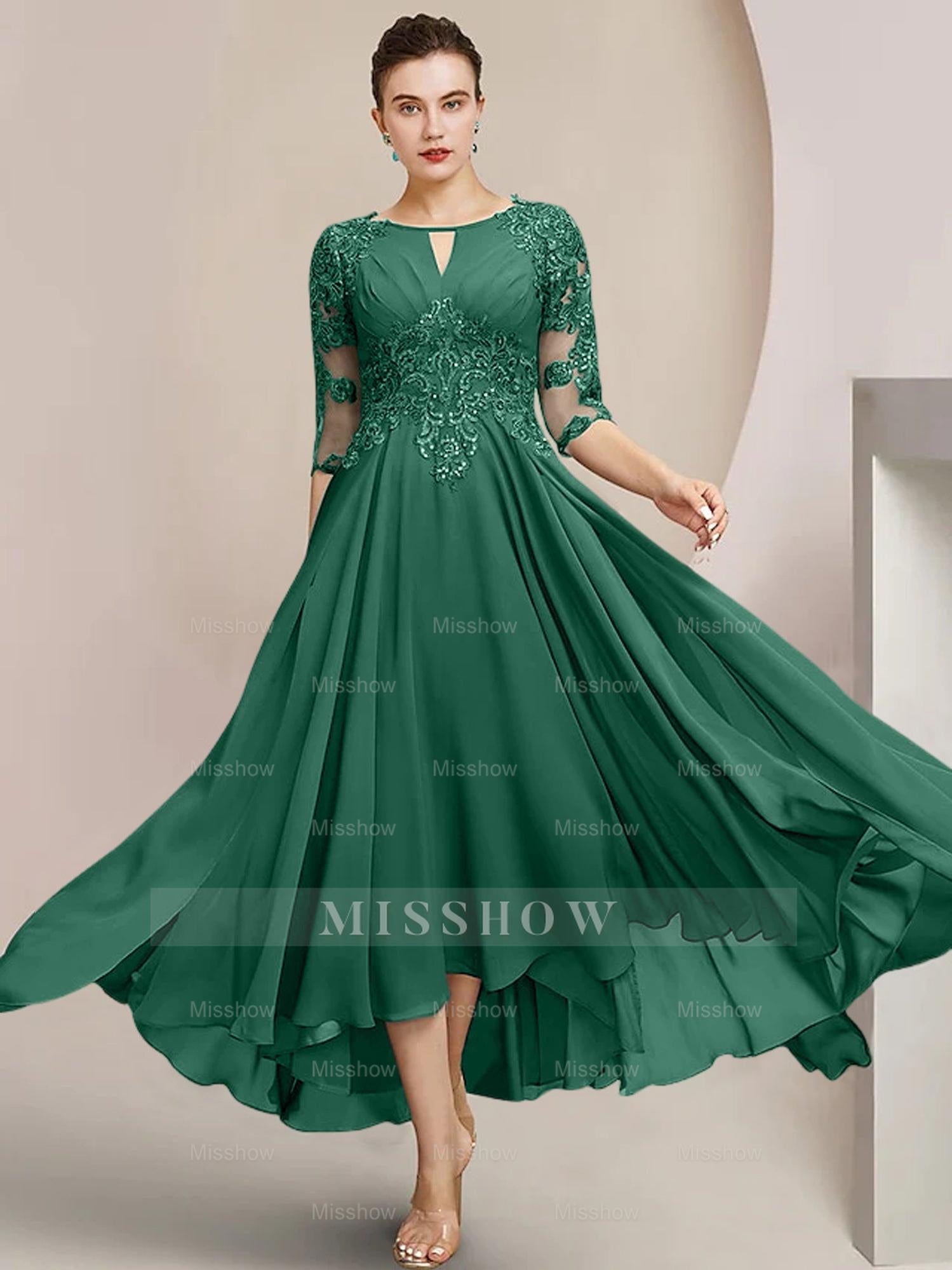 Scoop Neck Tea-Length A-Line Mother of the Bride Princess Dress