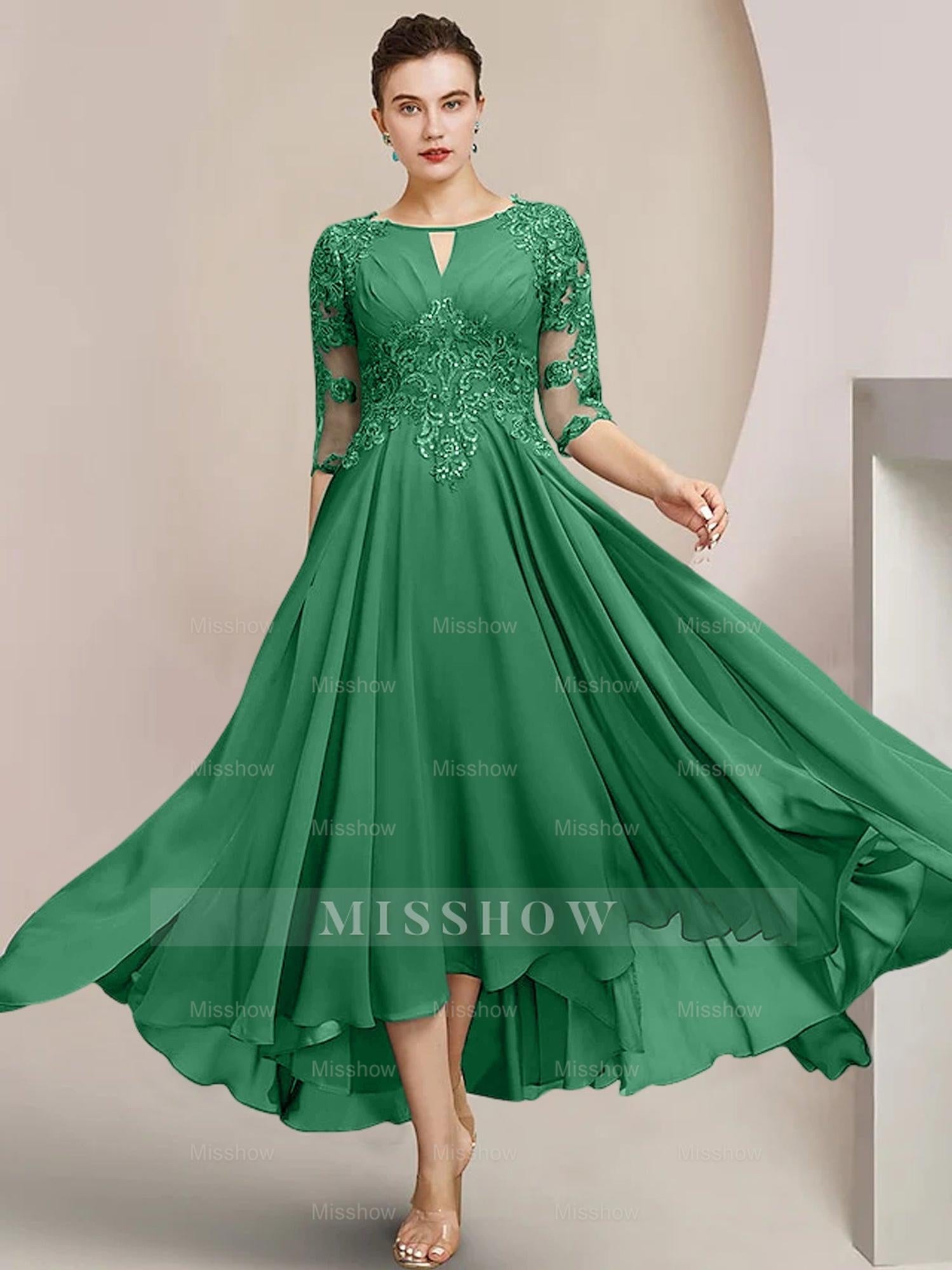 Scoop Neck Tea-Length A-Line Mother of the Bride Princess Dress