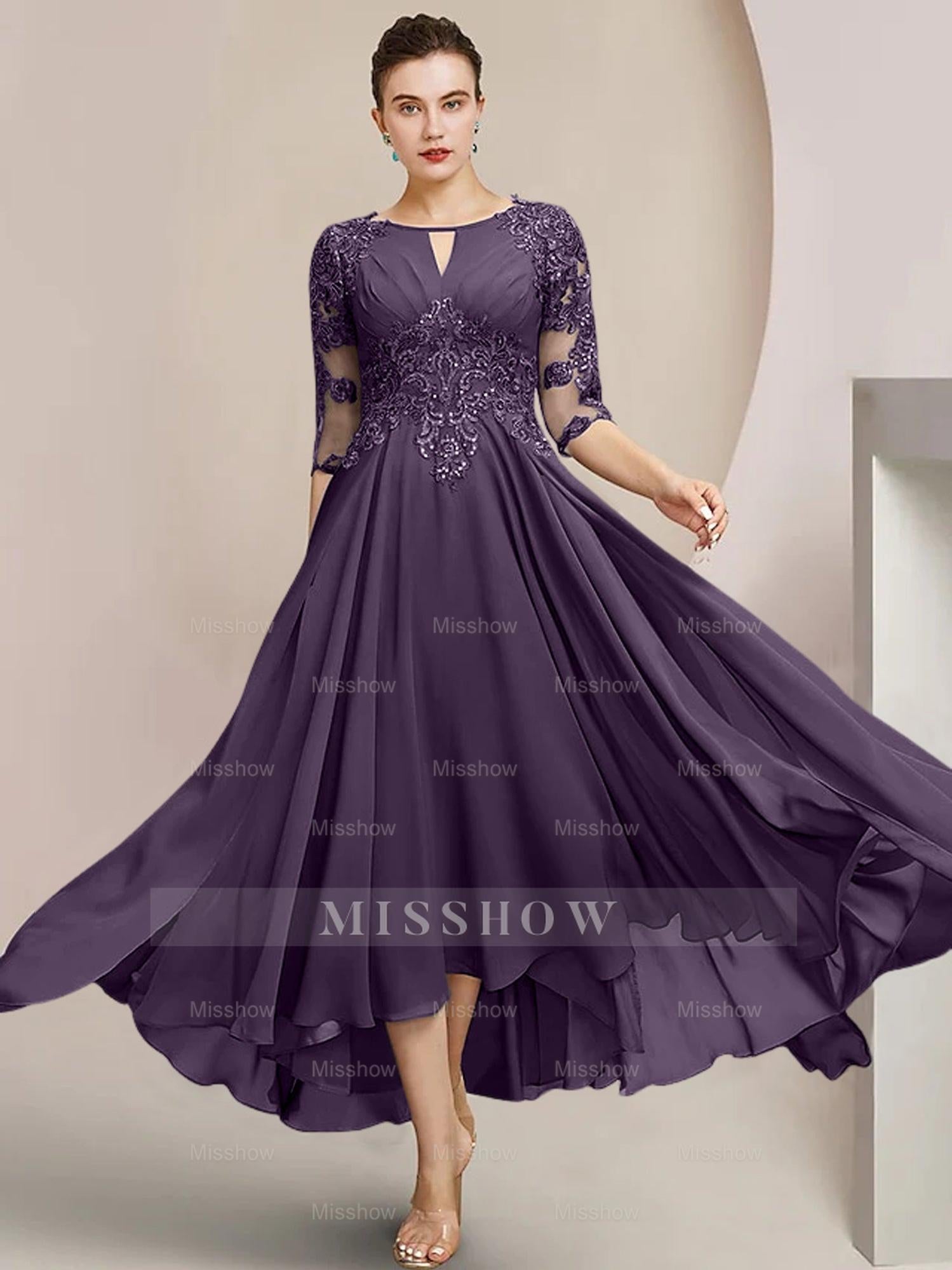 Scoop Neck Tea-Length A-Line Mother of the Bride Princess Dress