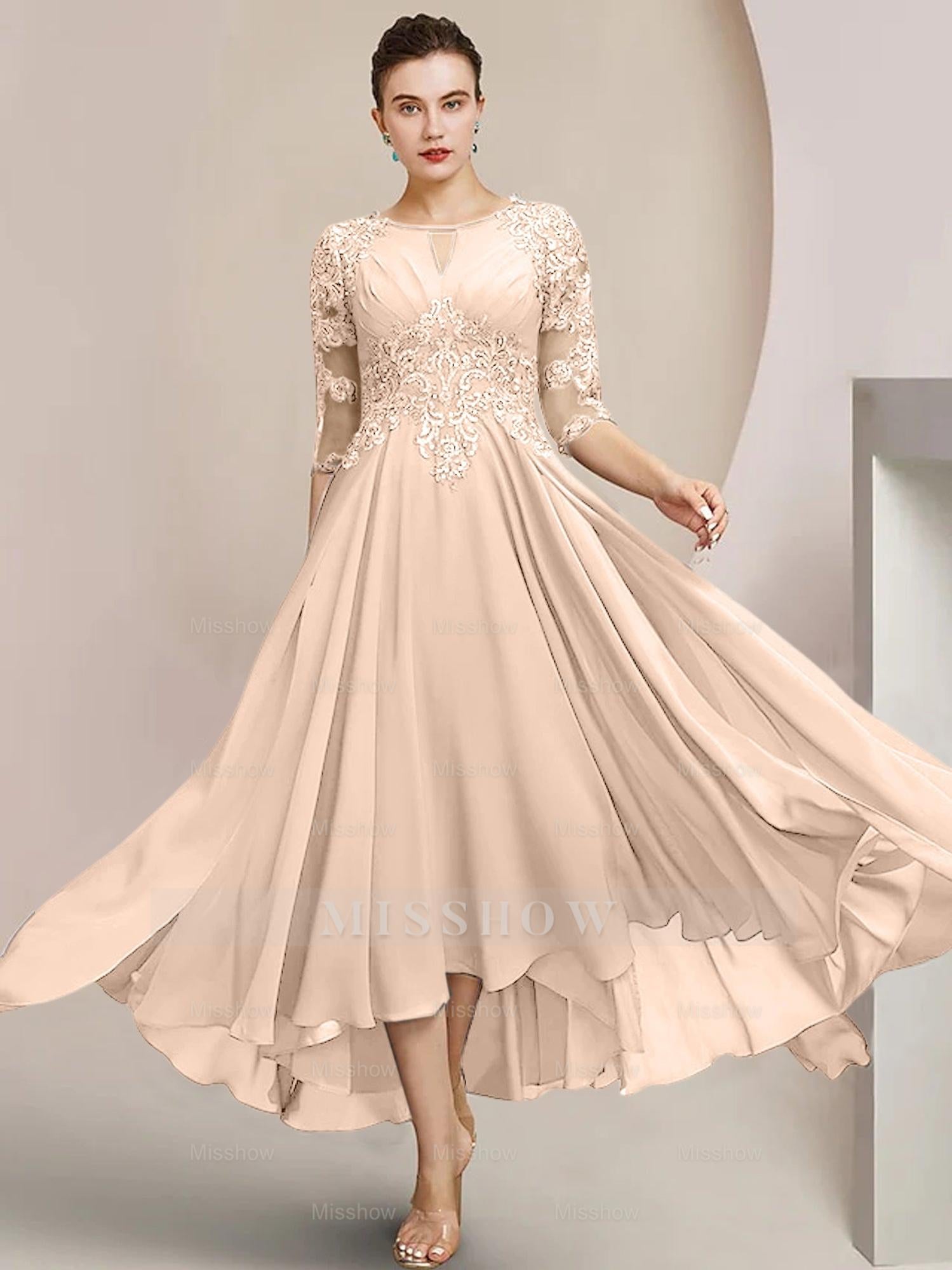 Scoop Neck Tea-Length A-Line Mother of the Bride Princess Dress