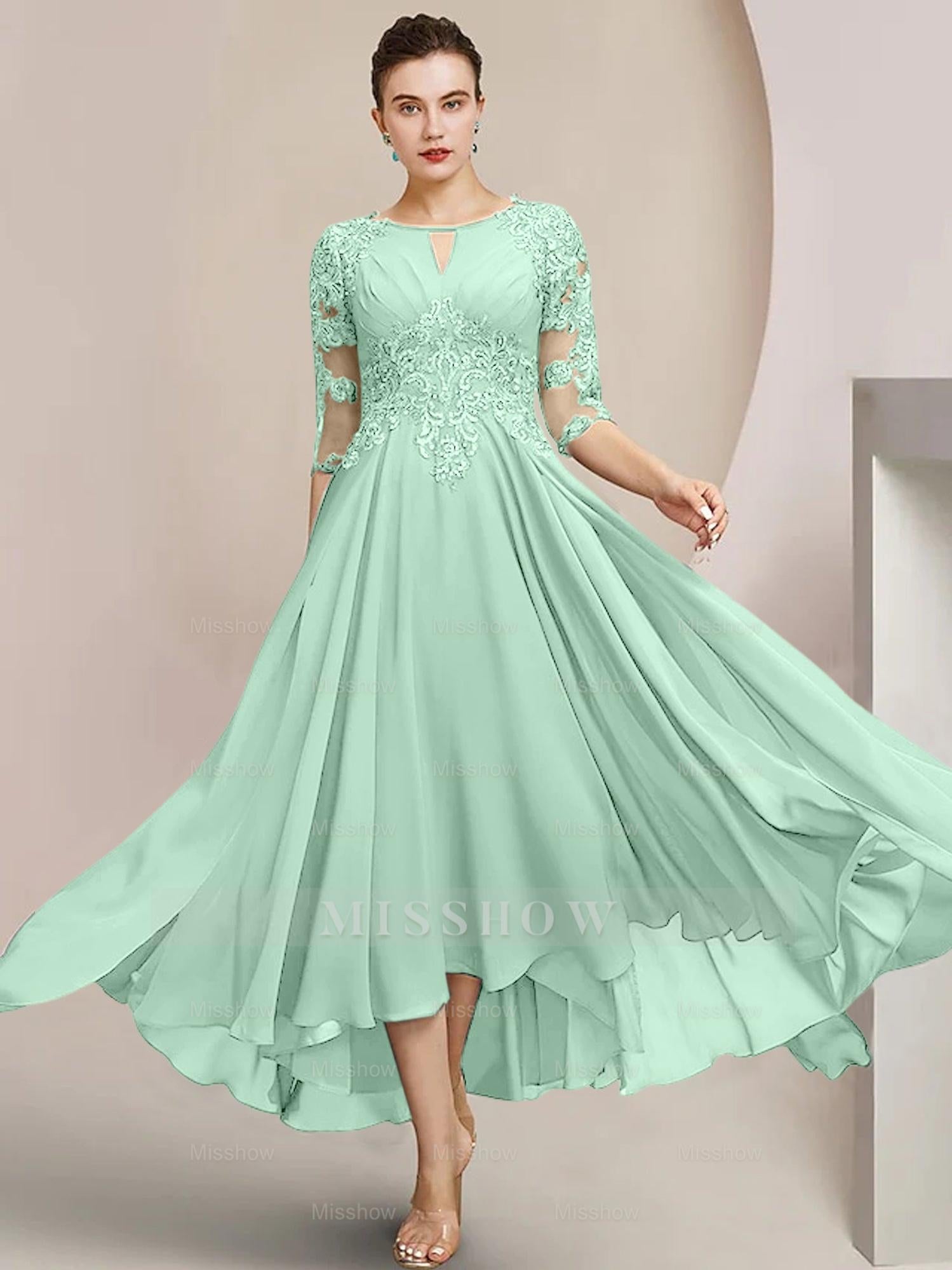 Scoop Neck Tea-Length A-Line Mother of the Bride Princess Dress