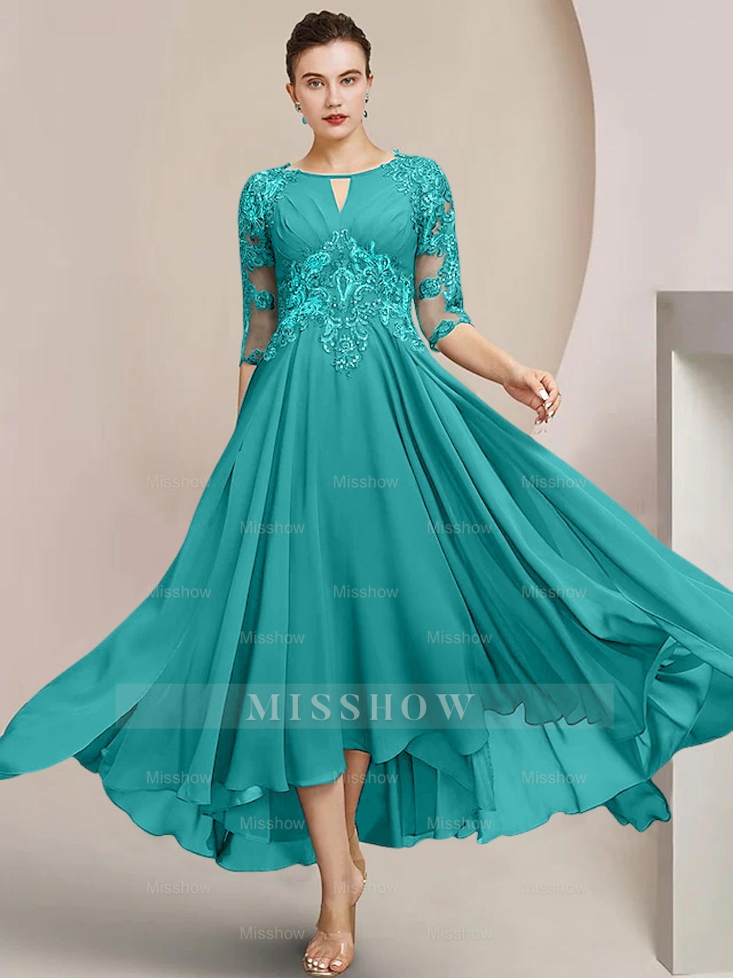 Scoop Neck Tea-Length A-Line Mother of the Bride Princess Dress