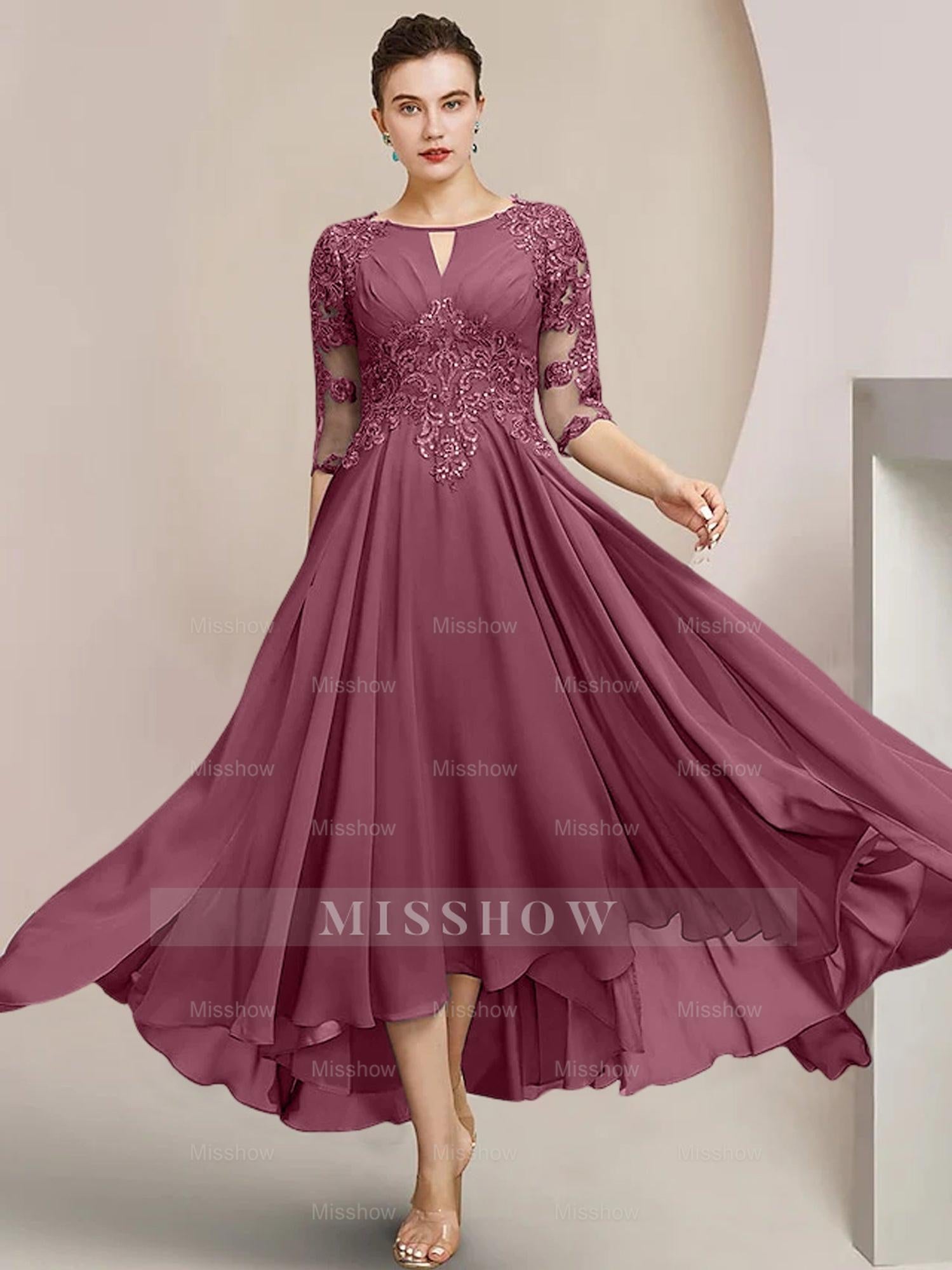 Scoop Neck Tea-Length A-Line Mother of the Bride Princess Dress