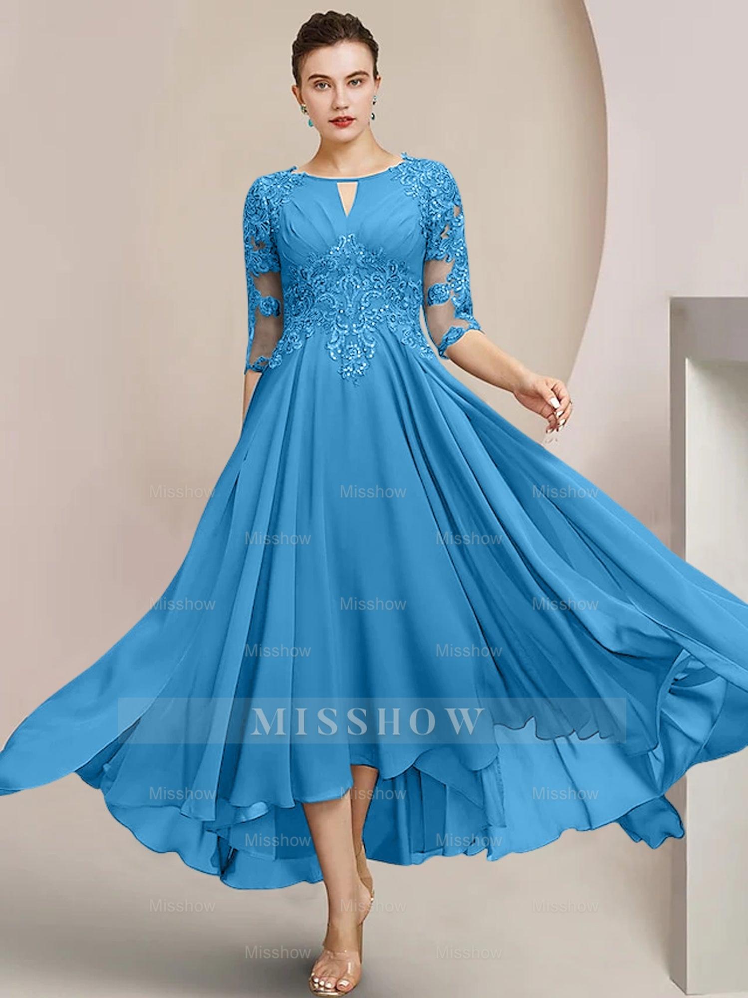 Scoop Neck Tea-Length A-Line Mother of the Bride Princess Dress