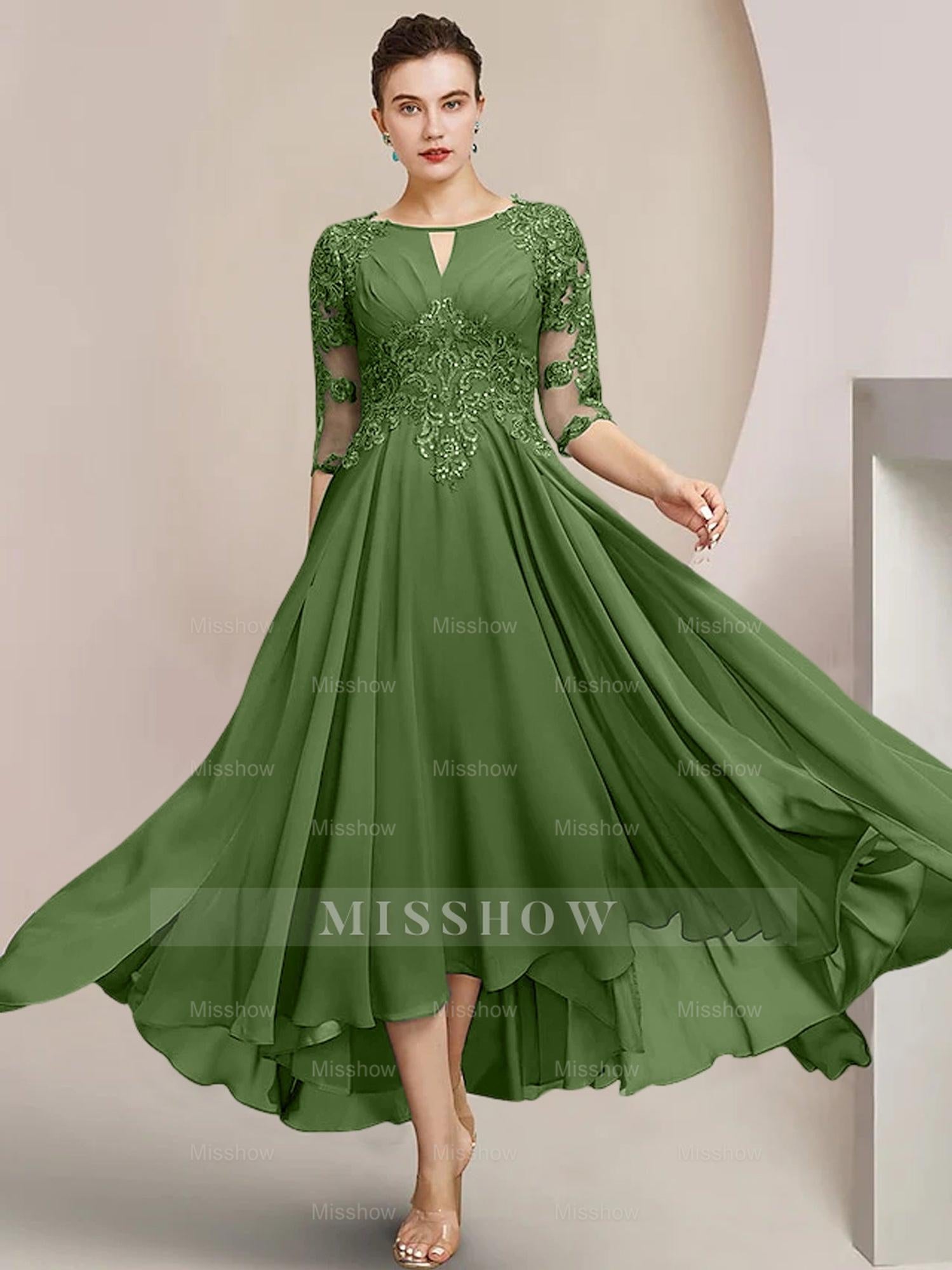 Scoop Neck Tea-Length A-Line Mother of the Bride Princess Dress