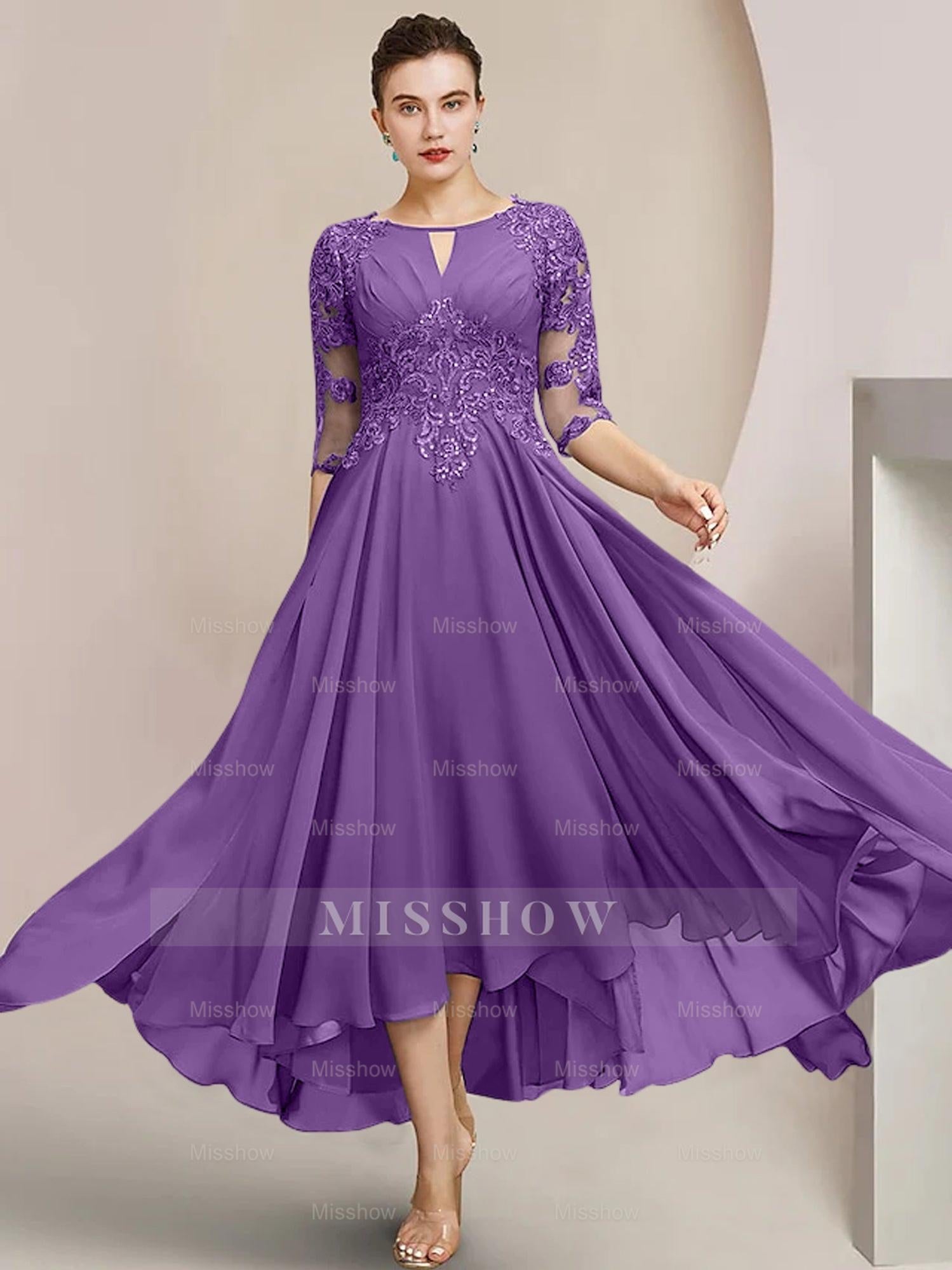 Scoop Neck Tea-Length A-Line Mother of the Bride Princess Dress