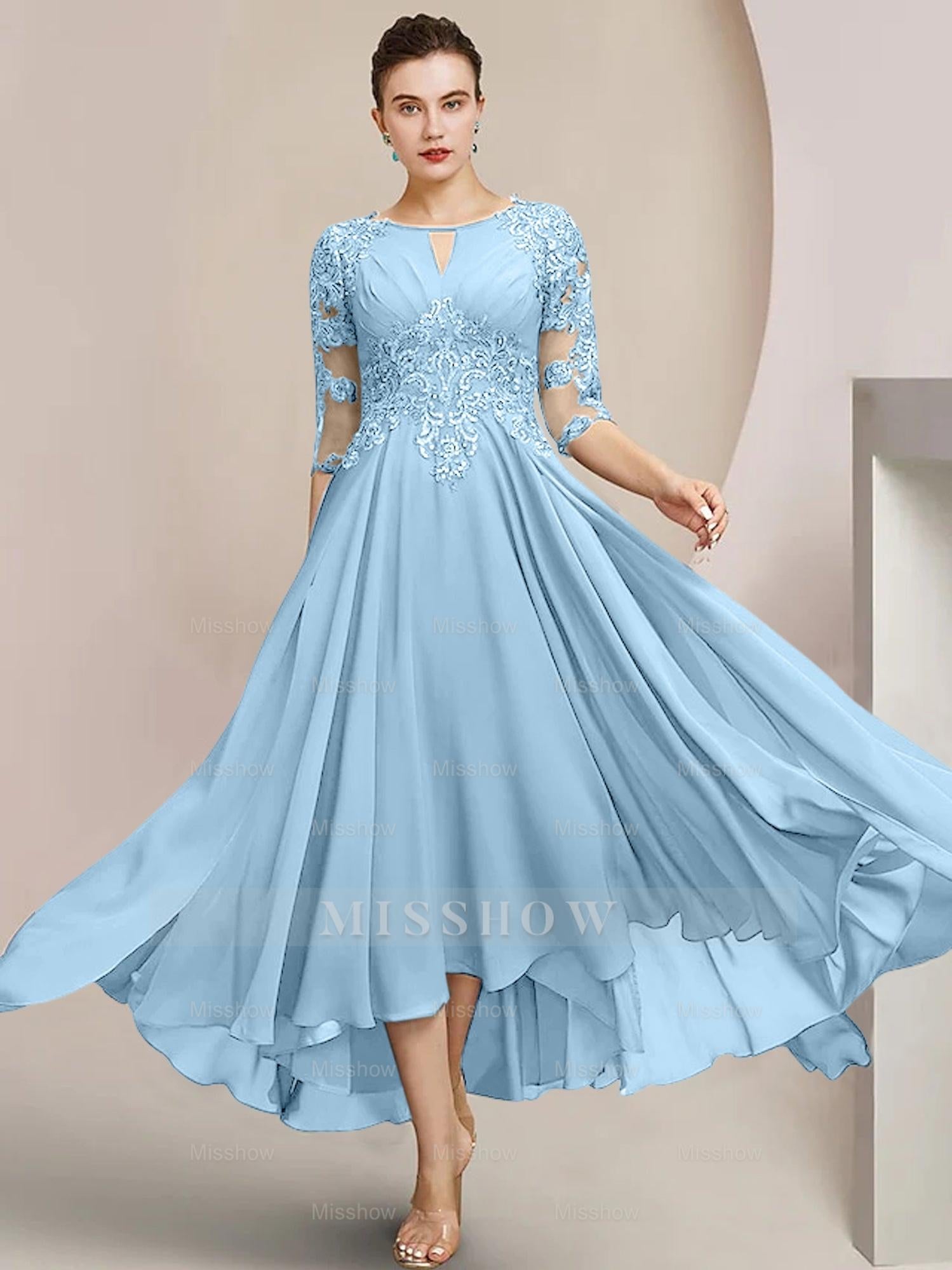 Scoop Neck Tea-Length A-Line Mother of the Bride Princess Dress