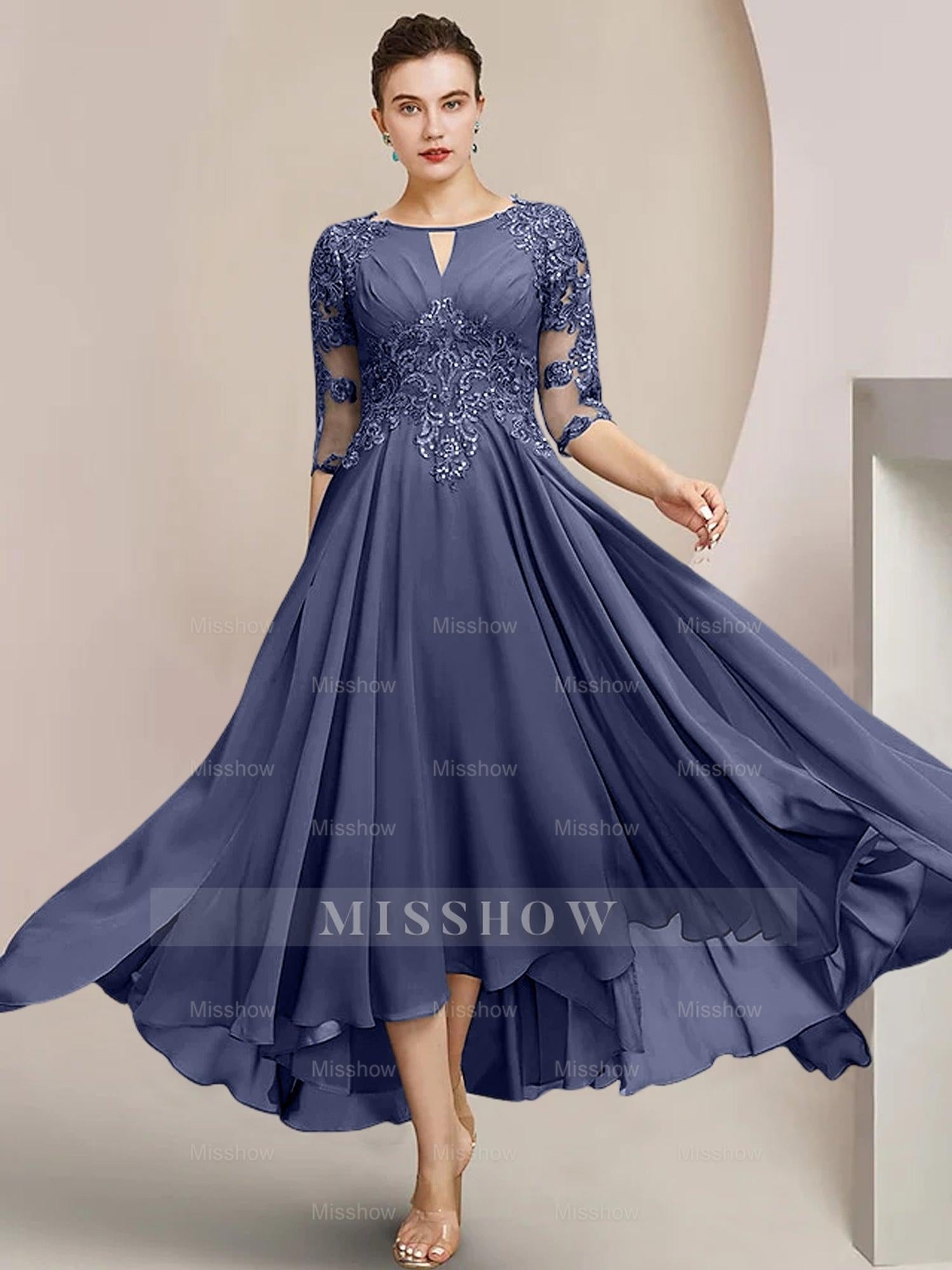Scoop Neck Tea-Length A-Line Mother of the Bride Princess Dress