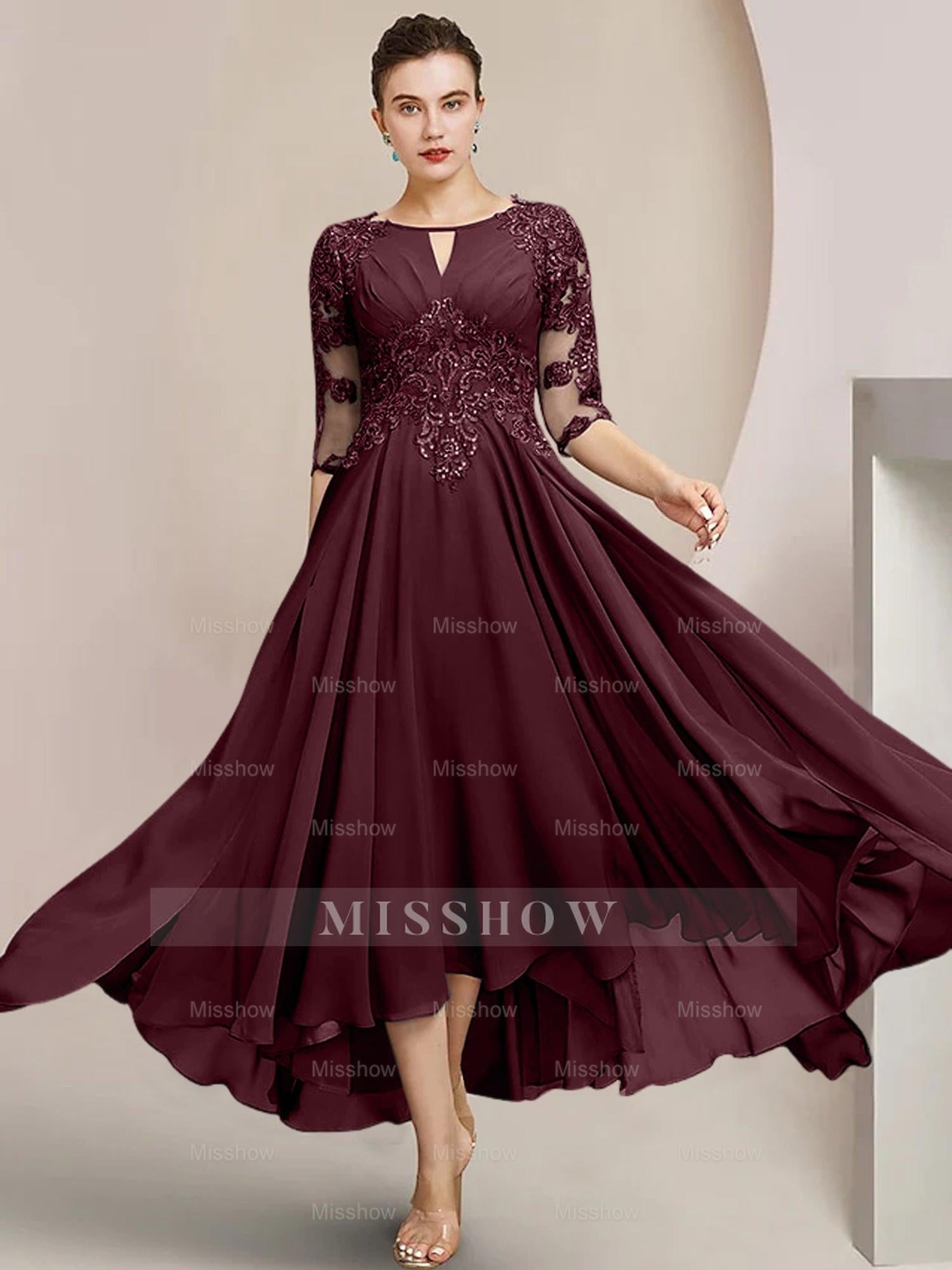 Scoop Neck Tea-Length A-Line Mother of the Bride Princess Dress