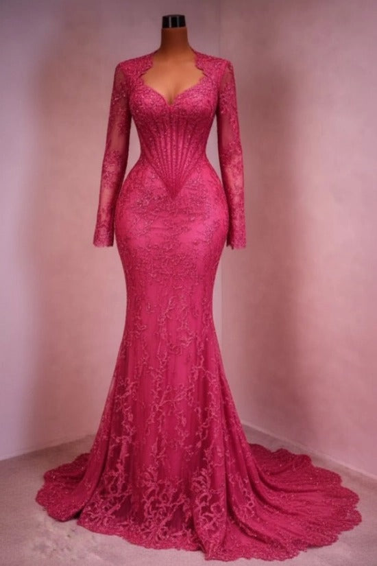 Sequin Lace Mermaid Evening Dress Deep V-Neck Long Sleeve Scallop Trim Boned Corset Formal Gown with Sweep Train