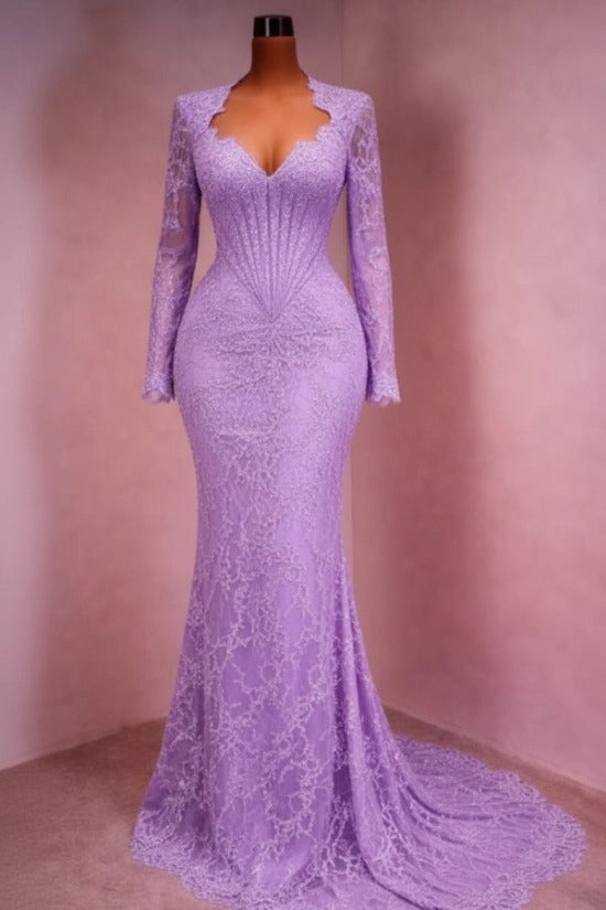 Sequin Lace Mermaid Evening Dress Deep V-Neck Long Sleeve Scallop Trim Boned Corset Formal Gown with Sweep Train