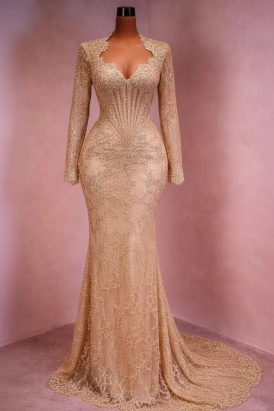Sequin Lace Mermaid Evening Dress Deep V-Neck Long Sleeve Scallop Trim Boned Corset Formal Gown with Sweep Train