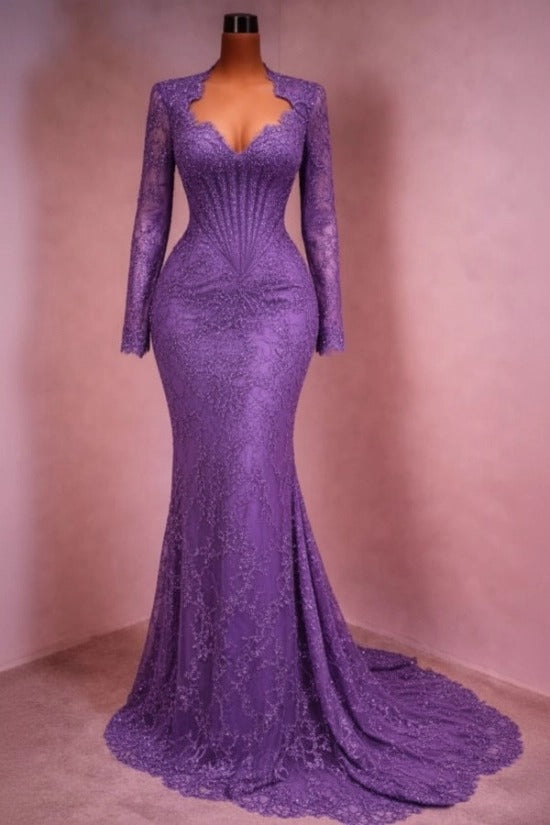 Sequin Lace Mermaid Evening Dress Deep V-Neck Long Sleeve Scallop Trim Boned Corset Formal Gown with Sweep Train