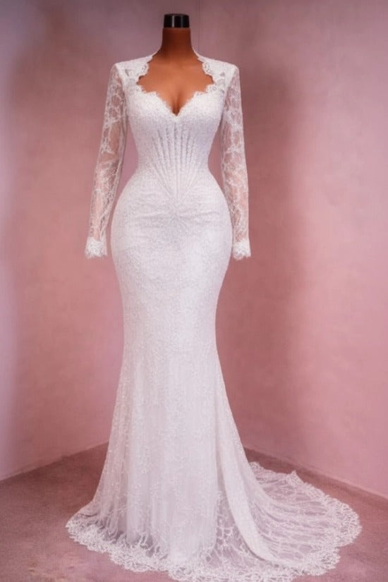 Sequin Lace Mermaid Evening Dress Deep V-Neck Long Sleeve Scallop Trim Boned Corset Formal Gown with Sweep Train