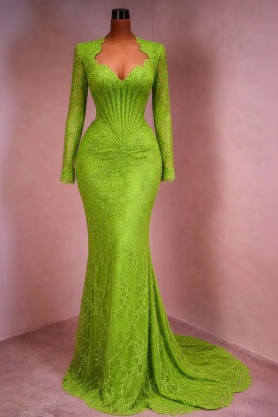 Sequin Lace Mermaid Evening Dress Deep V-Neck Long Sleeve Scallop Trim Boned Corset Formal Gown with Sweep Train