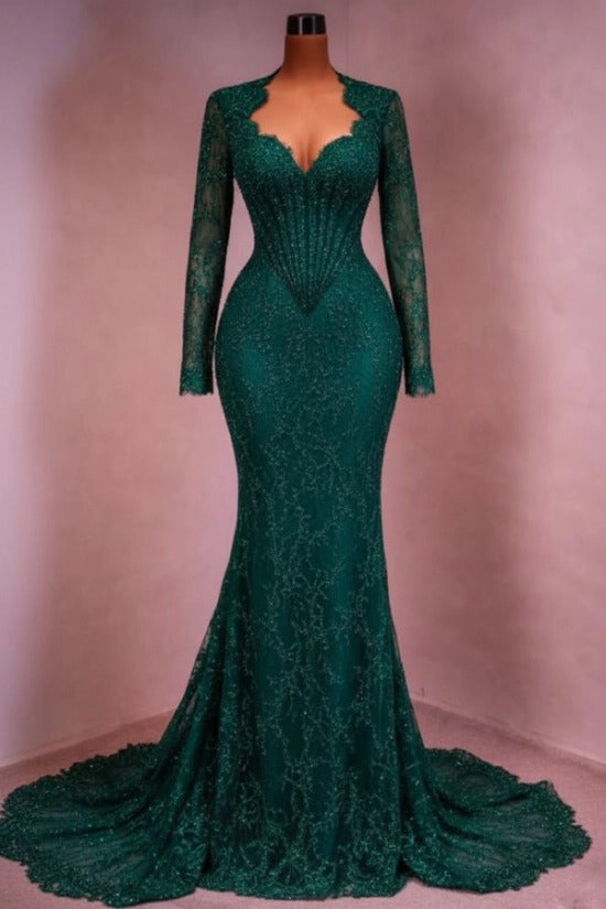 Sequin Lace Mermaid Evening Dress Deep V-Neck Long Sleeve Scallop Trim Boned Corset Formal Gown with Sweep Train